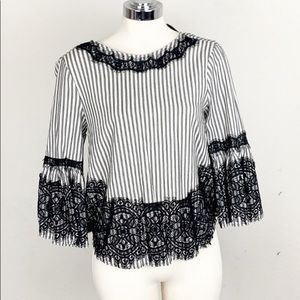 Zara Striped Bell Sleeve Blouse Black White Boho Top Size M